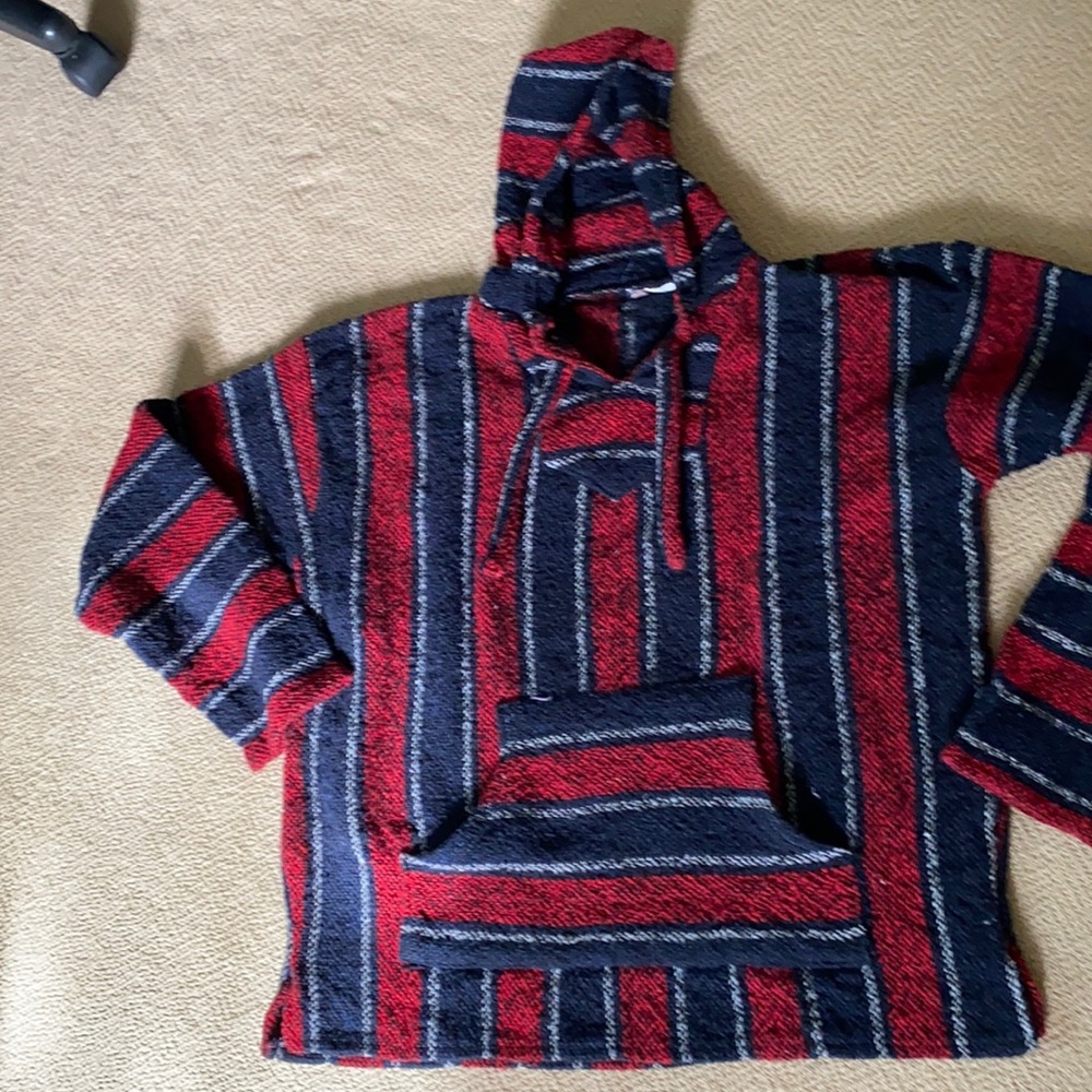 Bohemian navy red striped surfer hoodie w/ pocket Size M
